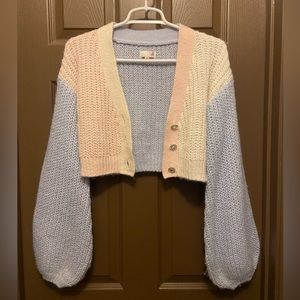 So Balloon Sleeve Cropped Color Block Sweater